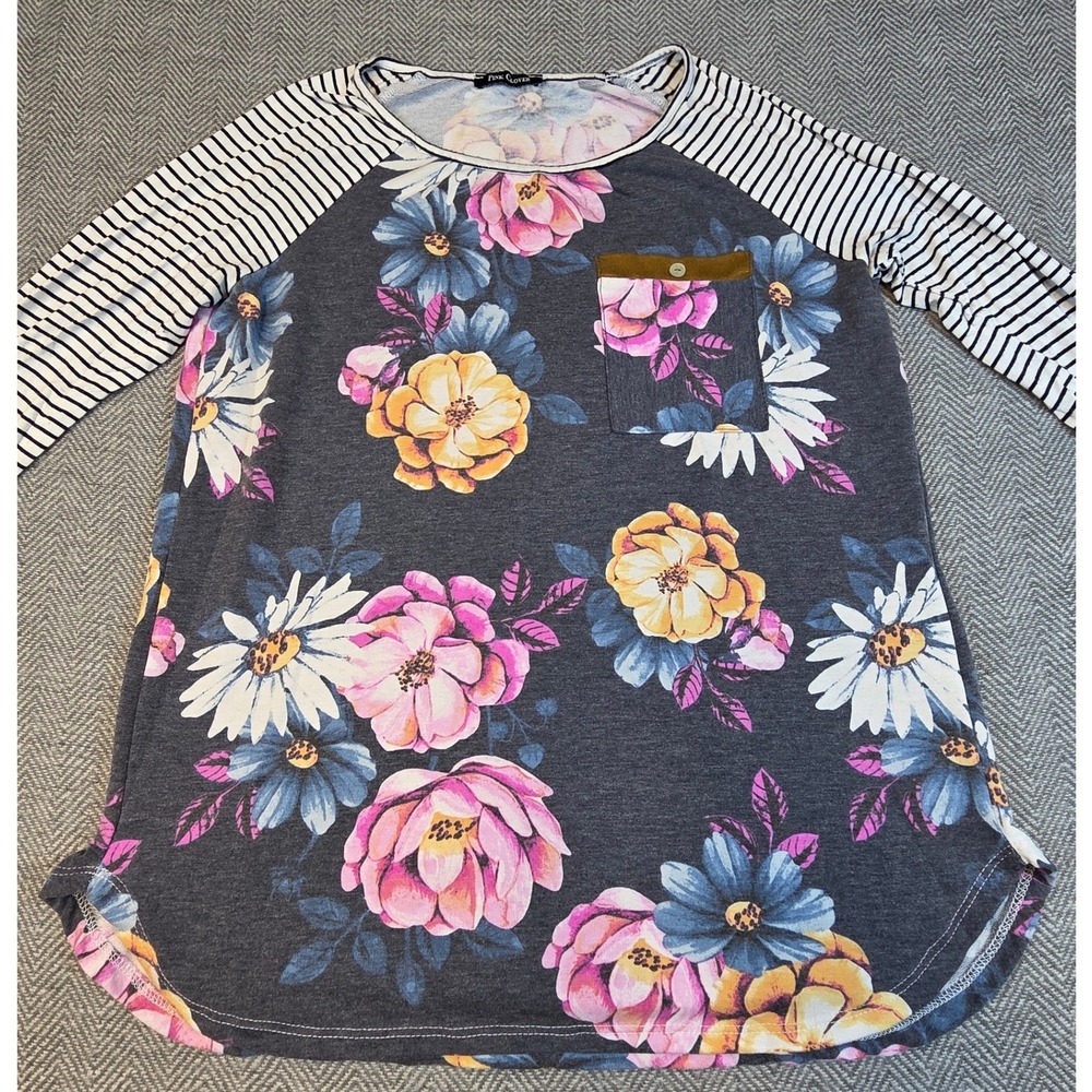 Pink Clover Floral Striped Raglan Top Grey Pink Long Sleeve Roll Tab Small